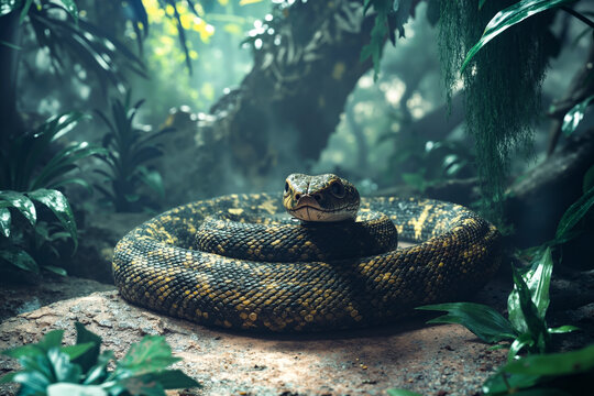 A large snake is curled up on a rock in the jungle