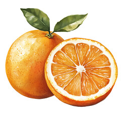 Orange , Watercolor Illustration of Fresh Oranges with Leaves and Slices on Transparent Background