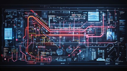 A highly detailed map of a futuristic subway system, with holographic displays showing real-time updates.