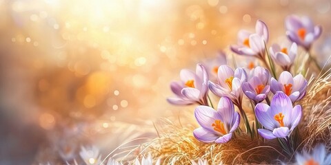 Beautiful spring crocuses bloom among grasses in soft golden light during a vibrant sunny day. Generative AI