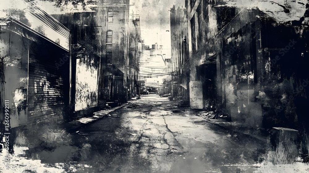 Poster abandoned alleyway in a shadowy grungy urban cityscape with dilapidated buildings weathered walls an