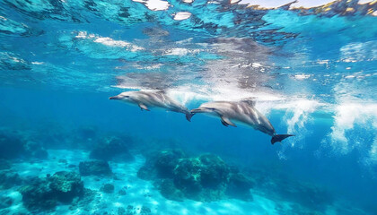 Fototapeta premium Playful Dolphins: A pod of dolphins playfully leaping and swimming through clear blue water, surrounded by a backdrop of towering underwater cliffs and sparkling bubbles, radiating joy and energy.