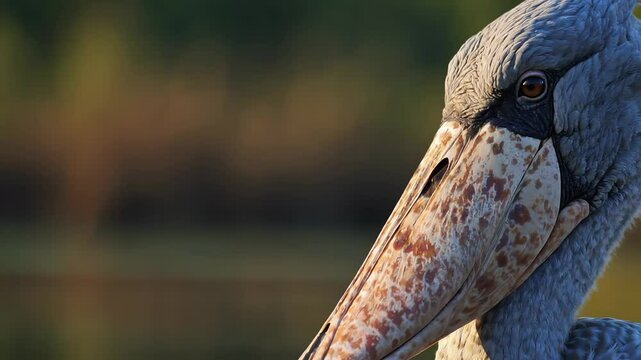 Majestic shoebill closeup in natural habitat with subtle movements and soft background