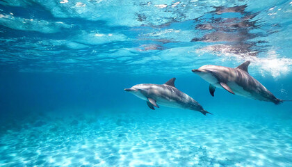 Fototapeta premium Playful Dolphins: A pod of dolphins playfully leaping and swimming through clear blue water, surrounded by a backdrop of towering underwater cliffs and sparkling bubbles, radiating joy and energy.