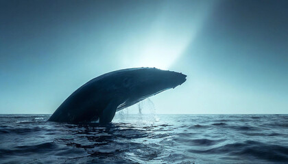 Obraz premium Whale in the Abyss: A surreal view of a massive blue whale swimming effortlessly through deep ocean waters, its silhouette illuminated by faint beams of light filtering through the distant surface.