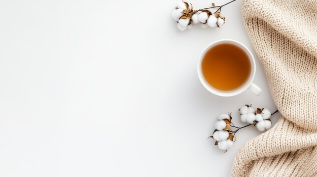 Tranquil tea setting with white cotton flowers and knitted blanket in cozy home atmosphere