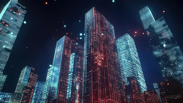 A holographic representation of innovation hubs within a city showcasing startups and tech incubators interspersed between iconic skyscrapers.