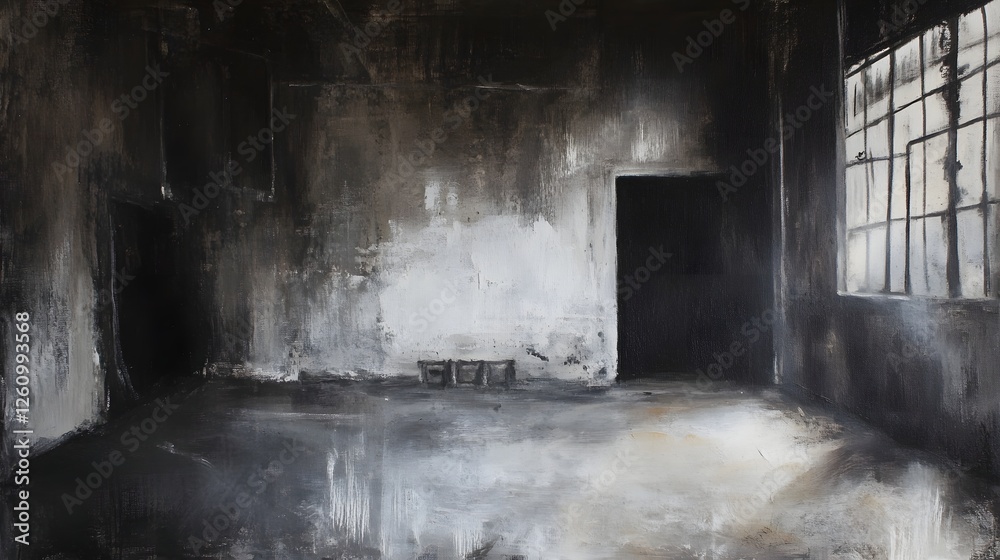 Poster abandoned and decaying interior of an old building with broken window peeling walls and neglected fu