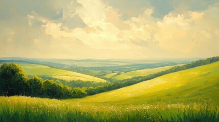 Obraz premium Painting of a scenic countryside featuring green fields and rolling hills with trees under a clear blue sky
