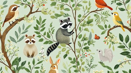 Charming Woodland Creatures Amongst Blooming Branches