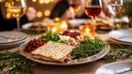 passover seder display, elegantly displayed seder plate with symbolic foods on an ornate table, guests preparing for passover meal in the background