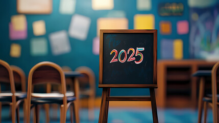 New Horizons: An empty classroom, a chalkboard displaying the year 2025, symbolizes future educational goals, reflecting on new prospects and possibilities.