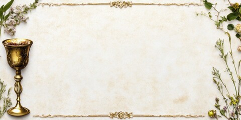 passover postcard template, passover postcard template with a golden kiddush cup, delicate floral motifs, and a decorative border space for a personal message