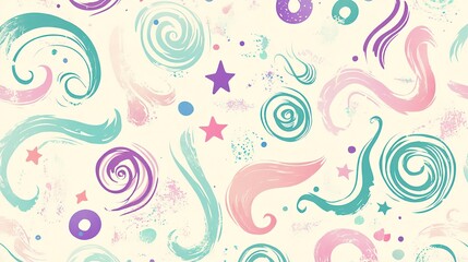 Abstract Pastel Swirls Stars and Circles Pattern