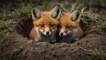 Fototapeta premium Young foxes peeking out from their den