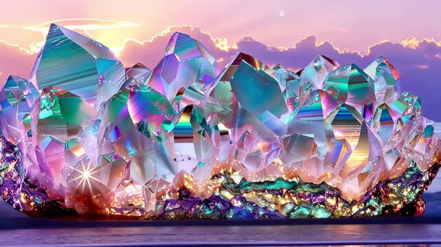 The shining and iridescent texture of the opal in close-up against the background of the sea and sky. For use in jewelry design and advertising.