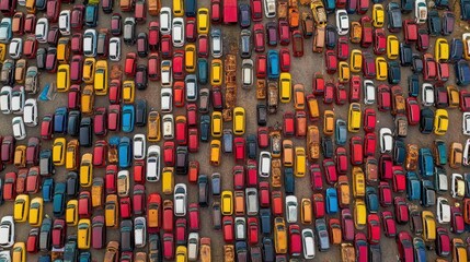 Aerial view Colorful cars junkyard, aerial, lot