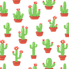 Seamless pattern with cartoon cacti in terracotta pots with red flowers. Green succulents with small spines on a white background. Perfect for textiles, wallpapers, wrapping paper, and decor.