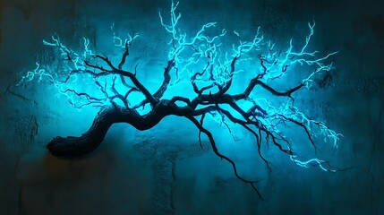 Naklejka premium Glowing blue light illuminates a dark, gnarled tree branch art piece mounted on a textured wall.