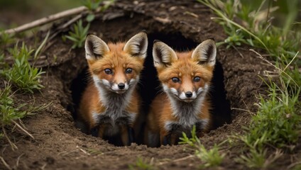 Fototapeta premium Young foxes peeking out from their den