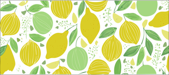 Botanic seamless pattern with yellow lemons and lemon slices. Hand drawn lemons pattern on white background. Fruit repeated background. Vector bright print for fabric, wallpaper, design, party paper.