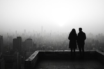 Fototapeta premium Silhouetted couple gazing at a foggy cityscape, a moment of quiet contemplation and urban vastness.