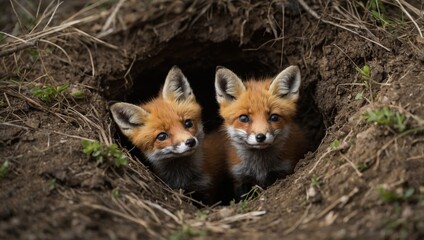 Fototapeta premium Young foxes peeking out from their den