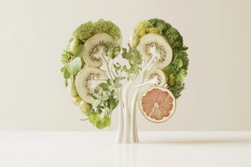 Symbolic Kidney Shape Formed With Fresh Fruits and Herbs on a Clean White Surface for Minimalist Microstock Photography