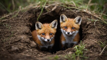 Fototapeta premium Young foxes peeking out from their den