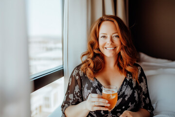 A curvy red-haired woman in her 30s in a hotel room, holding a cocktail, pretty and perfect body, flirtatious.