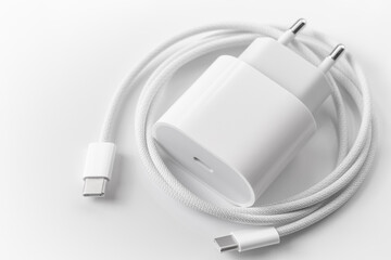 USB type C connector with charger closeup, USB C on a white background