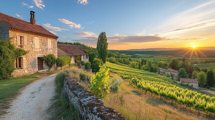 Sunset illuminating french vineyard and countryside stone house in the dordogne region