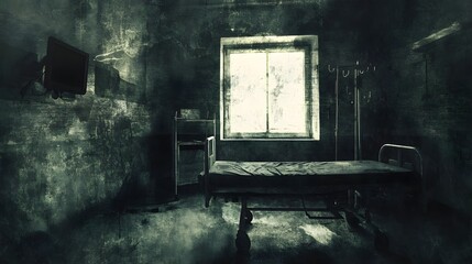 Abandoned dilapidated room with vintage furniture dusty and damaged decor moody lighting and an eerie atmospheric ambiance in an old decrepit building  The scene evokes a sense of solitude neglect
