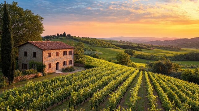 Tuscan farmhouse illuminating the vineyards at sunset