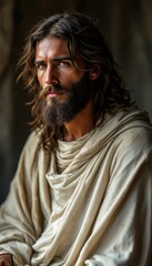 Fototapeta premium A contemplative man with a beard in traditional draped fabric portrait