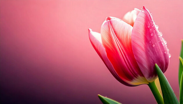A close-up of a pink tulip with water droplets on its petals, positioned in the lower-right corner.