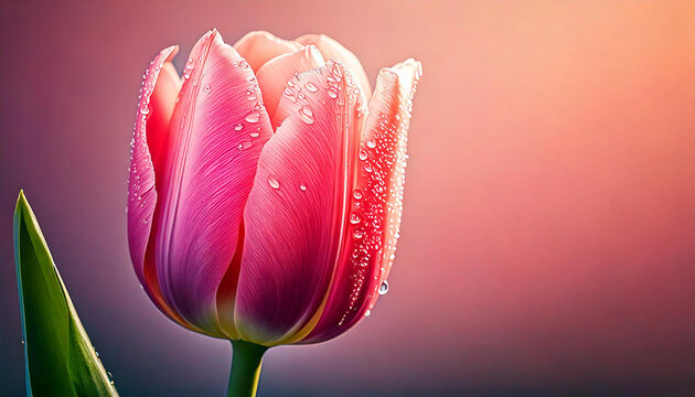 A close-up of a pink tulip with water droplets on its petals, positioned in the lower-right corner.