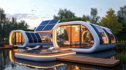 Fototapeta premium Innovative and Sustainable Floating Architecture Concept Featuring Eco-Friendly Design, Solar Panels, and Natural Surroundings Perfect for Futuristic Living