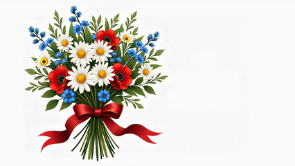Beautiful bouquet of red, white and blue flowers tied with red satin ribbon in a bow on white background with free space for text. AI generative.