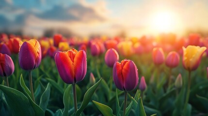 Colorful tulips blooming in a field at sunset