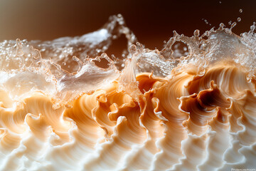 Abstract detail of a liquid explosion with a curved shape pattern with a pasty texture and splashes in the air in the color palette of brown, cream, mocha, mousse.