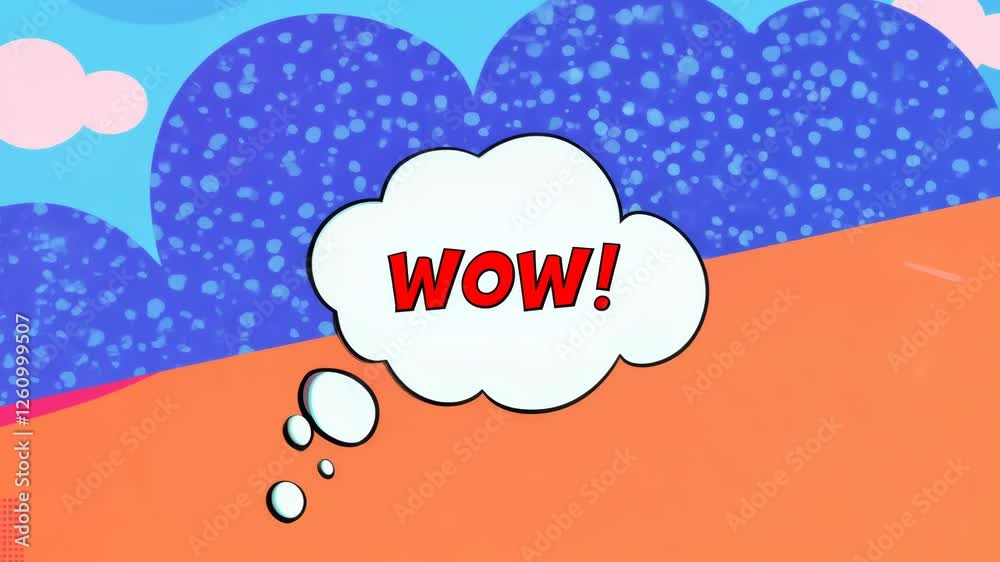 Poster a blue background with the word wow. the cloud is in the upper right corner