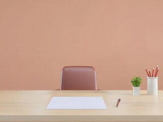 Minimalist workspace with a desk, chair, and office supplies.
