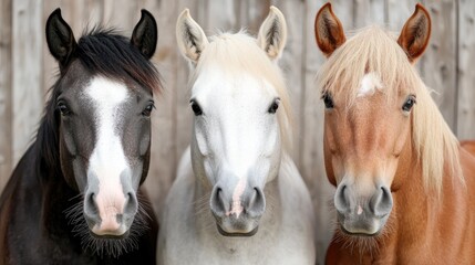 Obraz premium Three horses posing against wooden fence