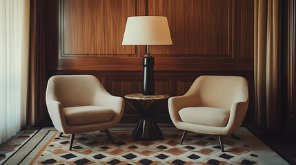 Elegant Living Room Featuring Two Armchairs And A Lamp