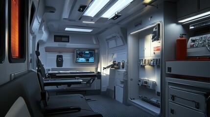 Modern ambulance interior, night, medical equipment