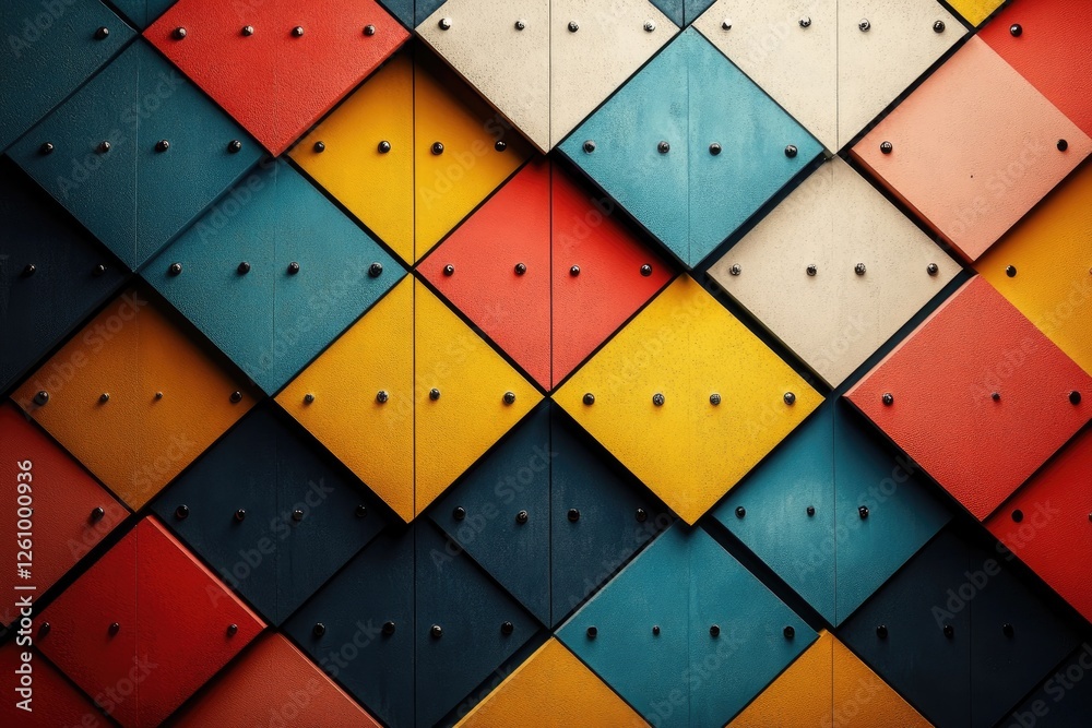 Poster Colorful diamond pattern wall with rivets creating visual interest