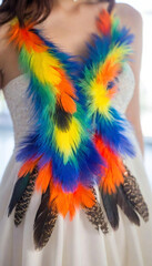 Tropical Bird Feather Dress: A dress that cascades with colorful bird feathersbright oranges, blues, and greensmimicking the exotic beauty of a tropical bird in flight, with subtle feather detailing a