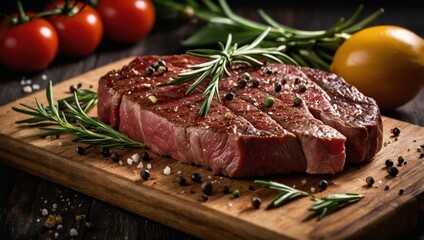 Juicy raw steak on a wooden board