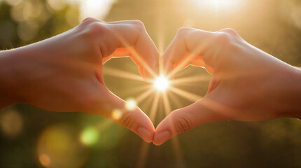Heart hands creating a love symbol with sun rays shining through in a warm atmosphere